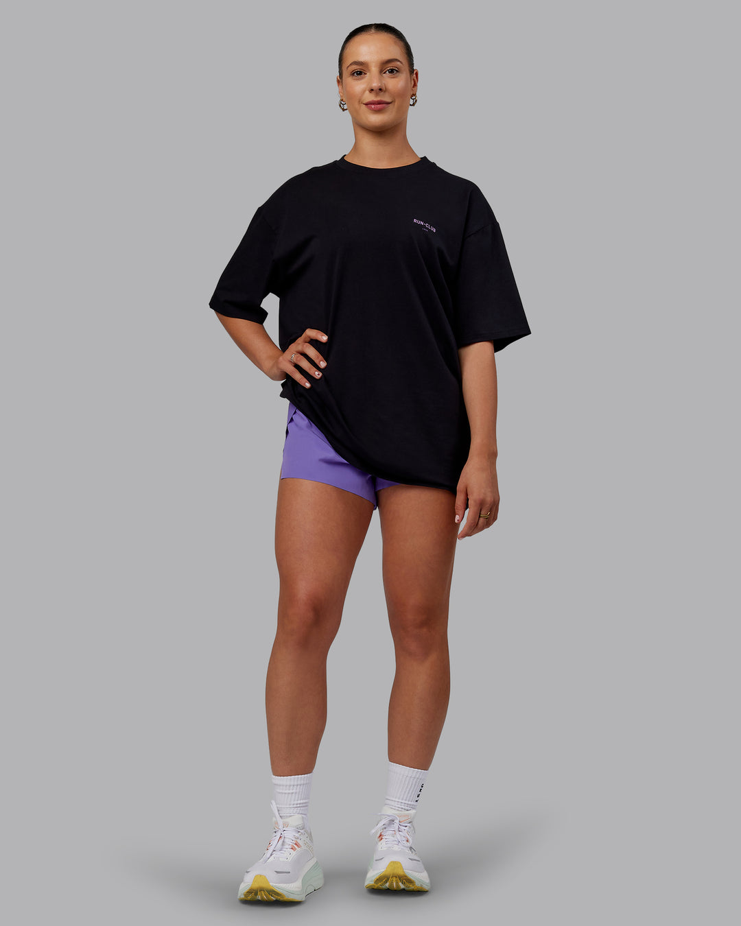 Woman wearing Unisex RUN CLUB FLXCotton Tee Oversize - Black-Purple Swirl - view 10
