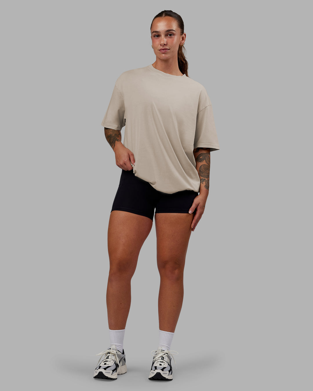 Woman wearing Set The Standard Washed FLXCotton Oversized Tee - Shale Beige | Size:S - view 6