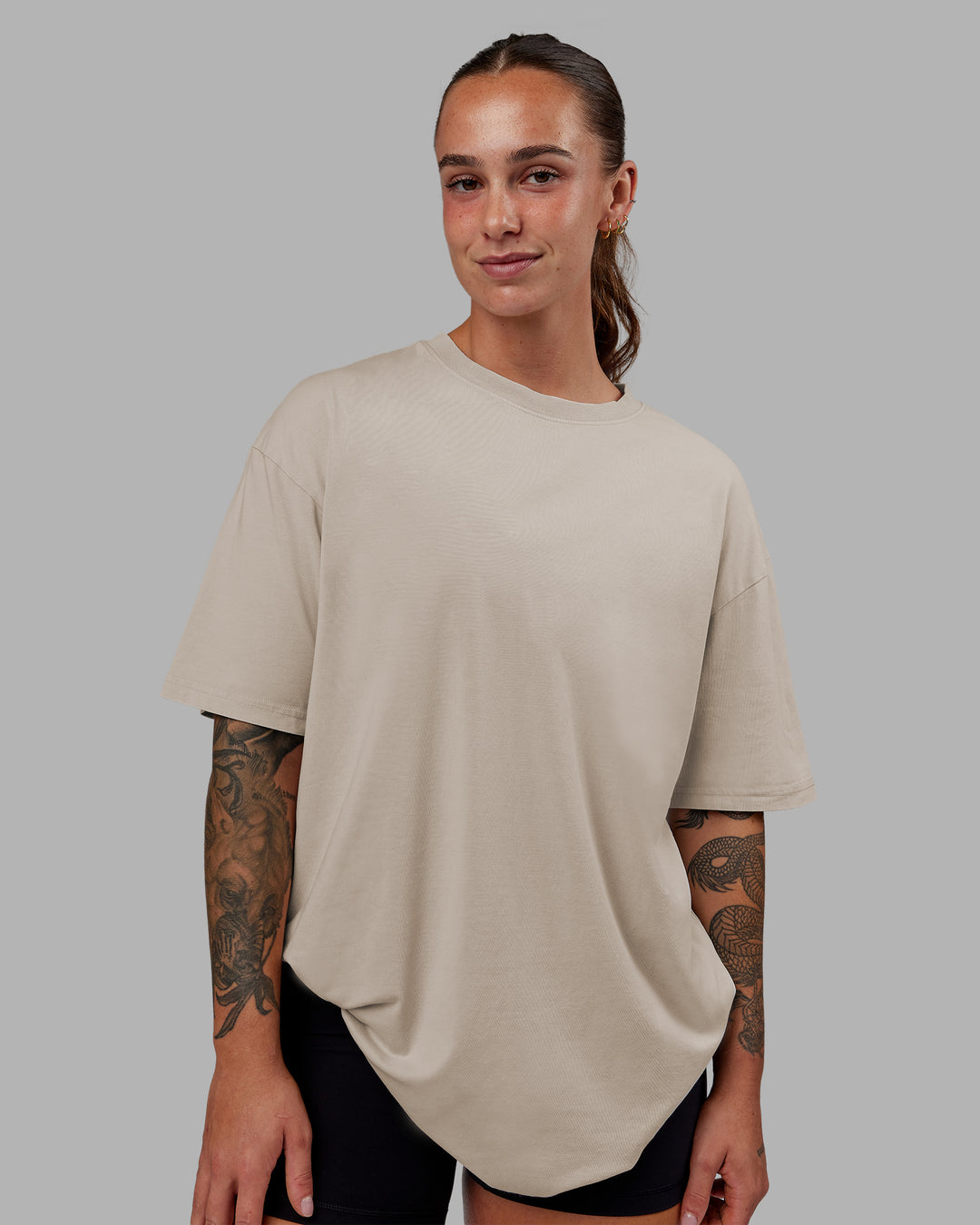 Woman wearing Set The Standard Washed FLXCotton Oversized Tee - Shale Beige | Size:S - view 4