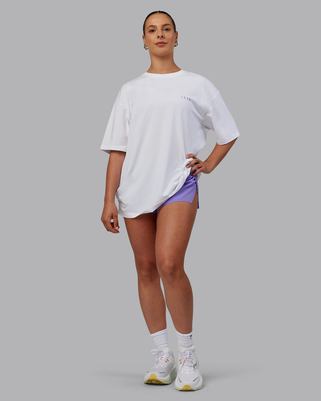 Woman wearing Unisex Strike Through FLXCotton Tee Oversize - White-Purple Swirl - view 8