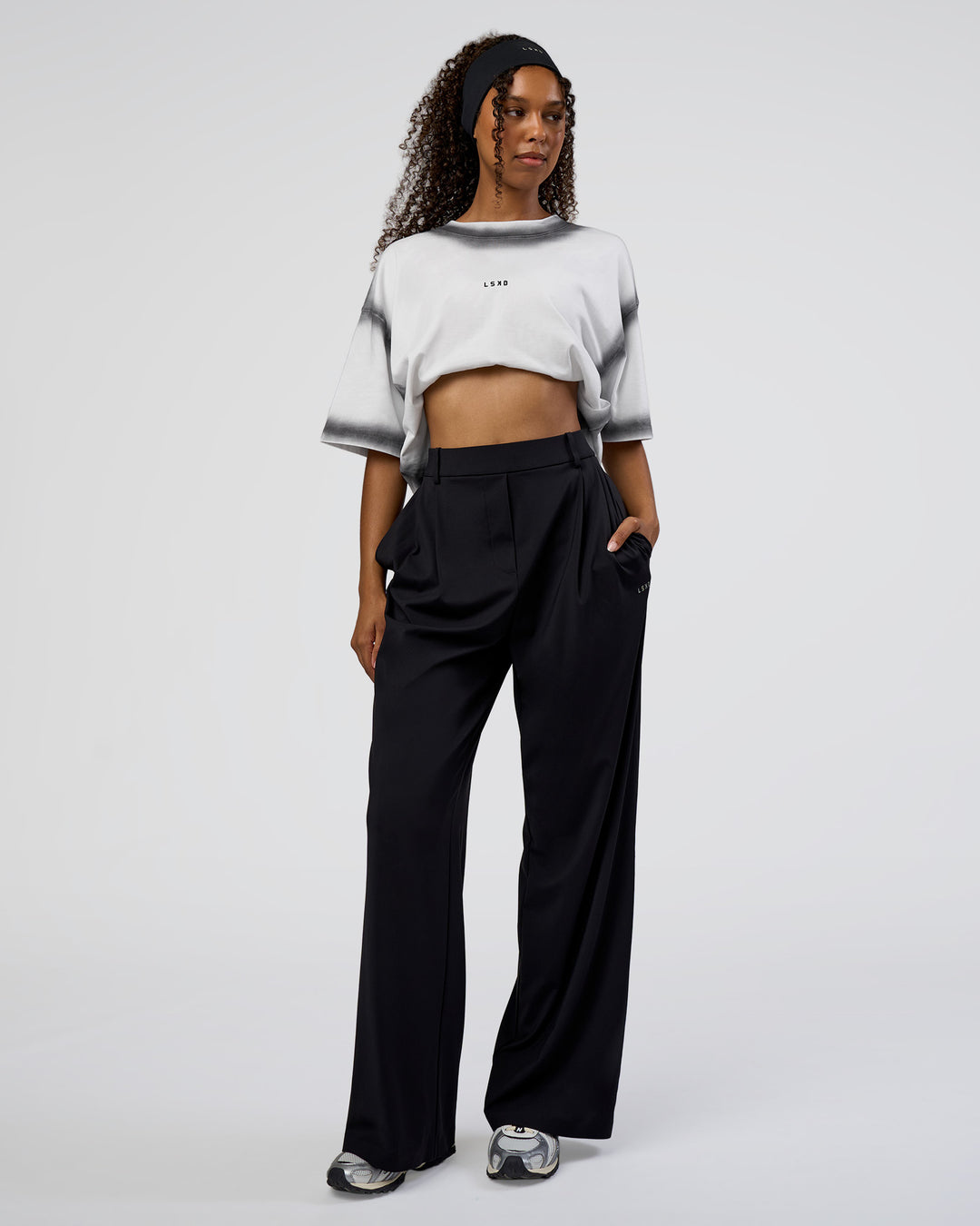 Woman wearing Urban Blur Heavyweight Unisex Oversized Tee - White-Black | Model:Jordan | Size:S - view 5