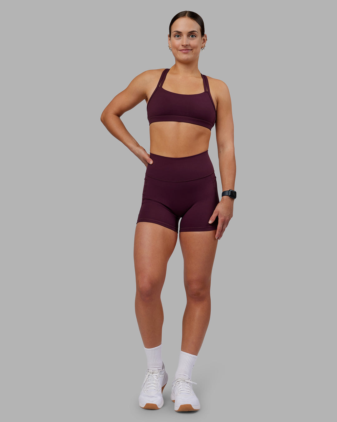 Woman wearing Velocity Sports Bra - Cherry Lacquer | Model:Keisha | Size:S - view 7