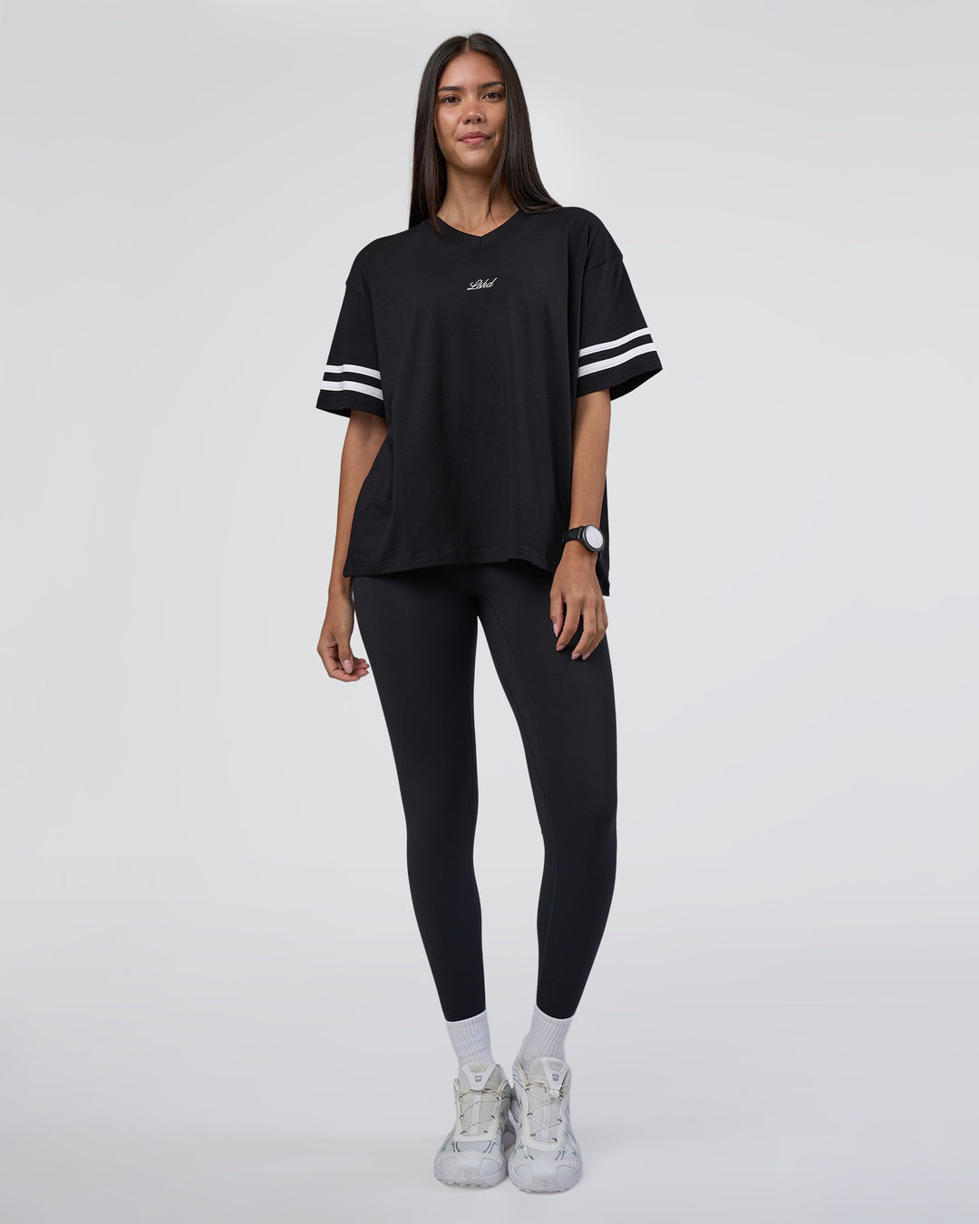 Woman wearing Victory FLXCotton Oversized Tee - Black-White | Model:Rhiley | Size:S - view 5
