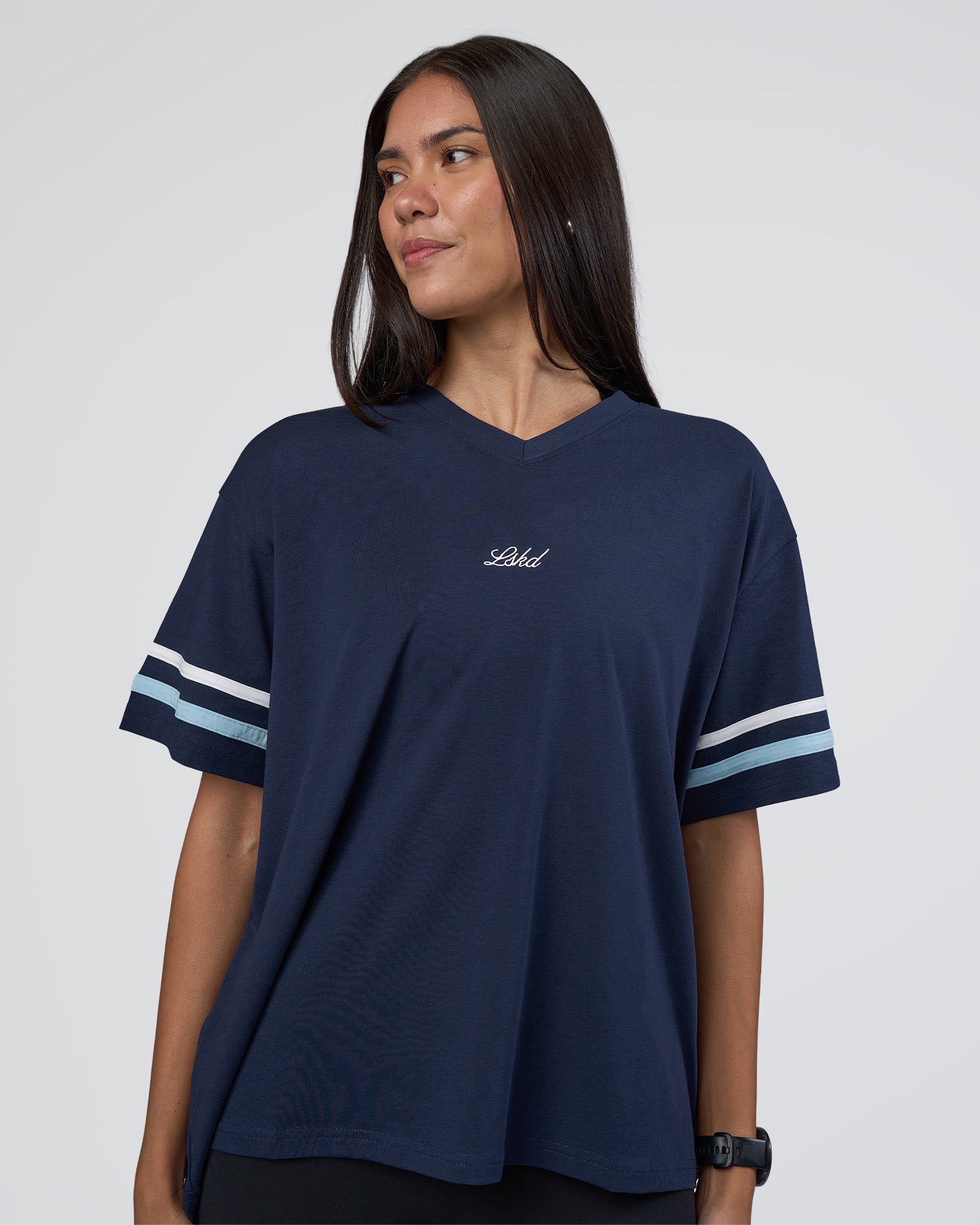 Woman wearing Victory FLXCotton Oversized Tee - Future Navy-Glacial Blue | Model:Rhiley | Size:S