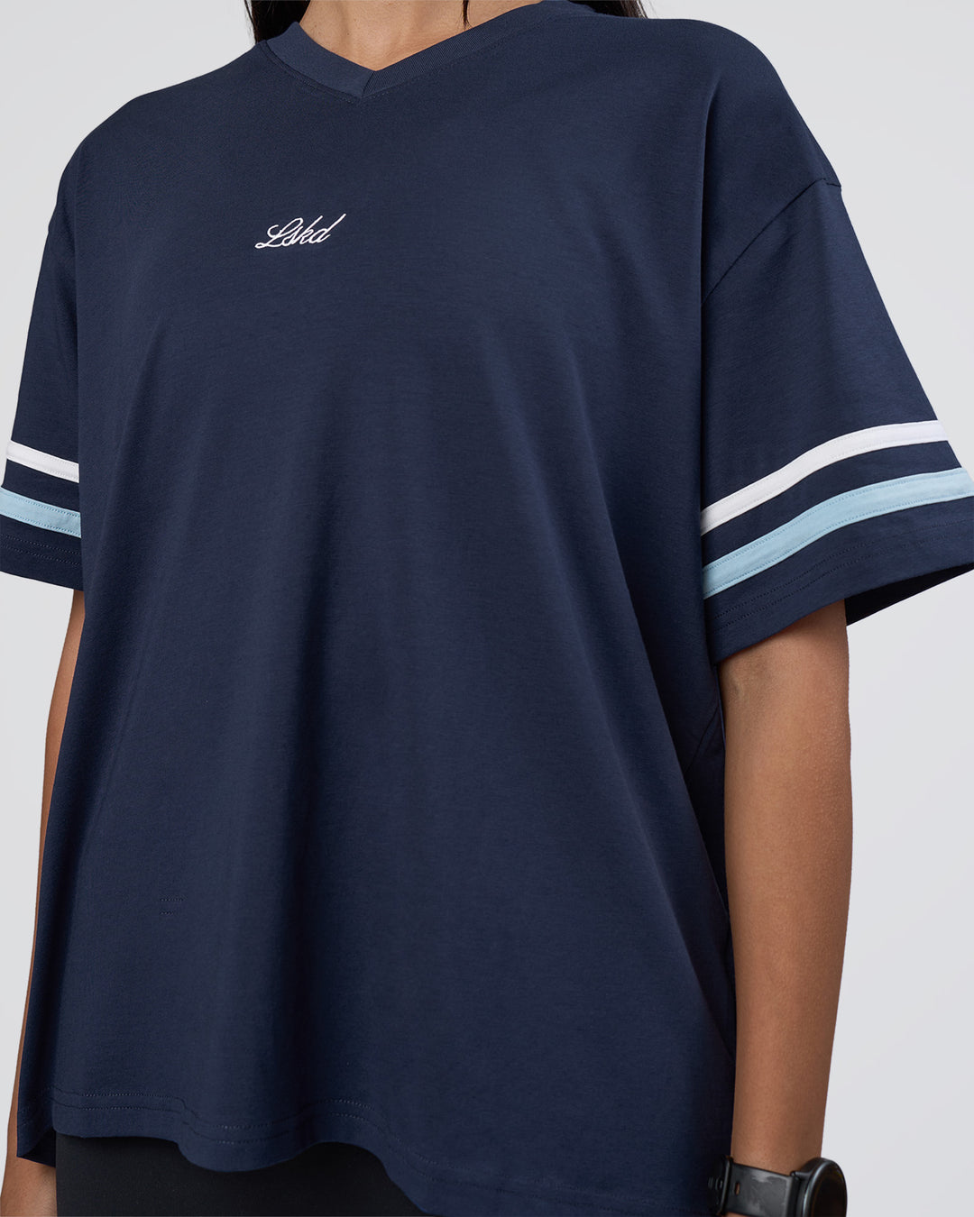 Woman wearing Victory FLXCotton Oversized Tee - Future Navy-Glacial Blue | Model:Rhiley | Size:S - view 5