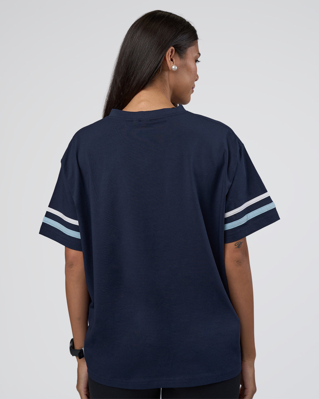 Woman wearing Victory FLXCotton Oversized Tee - Future Navy-Glacial Blue | Model:Rhiley | Size:S - view 4