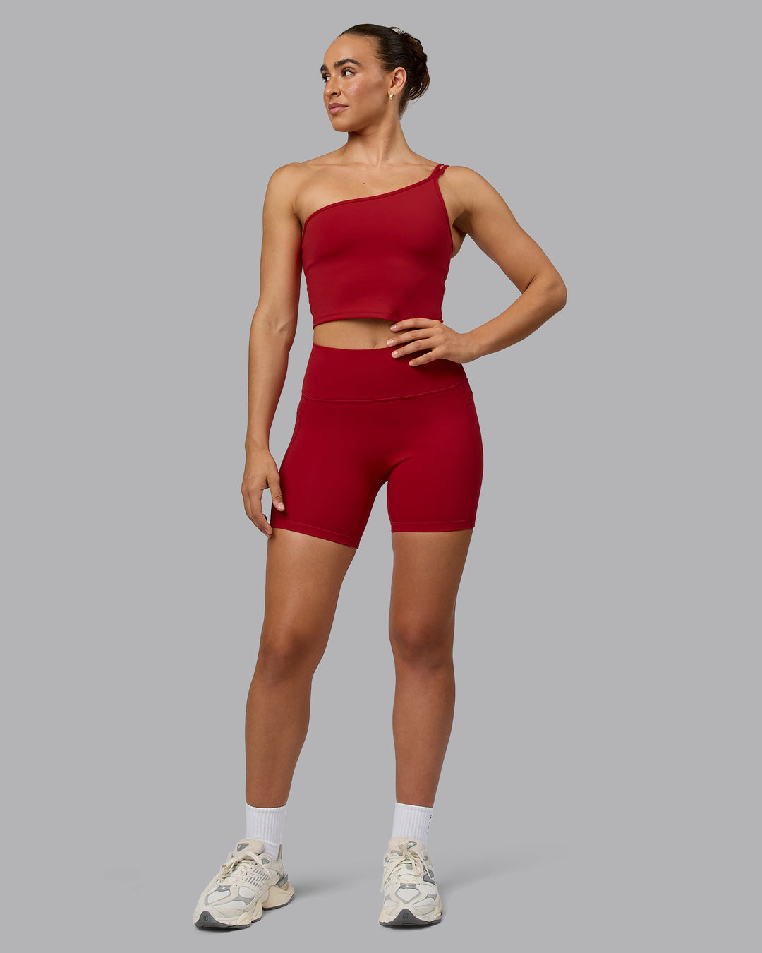 Woman wearing Vivid Skimmer Shelf Bra Tank - Cherry Red - view 6