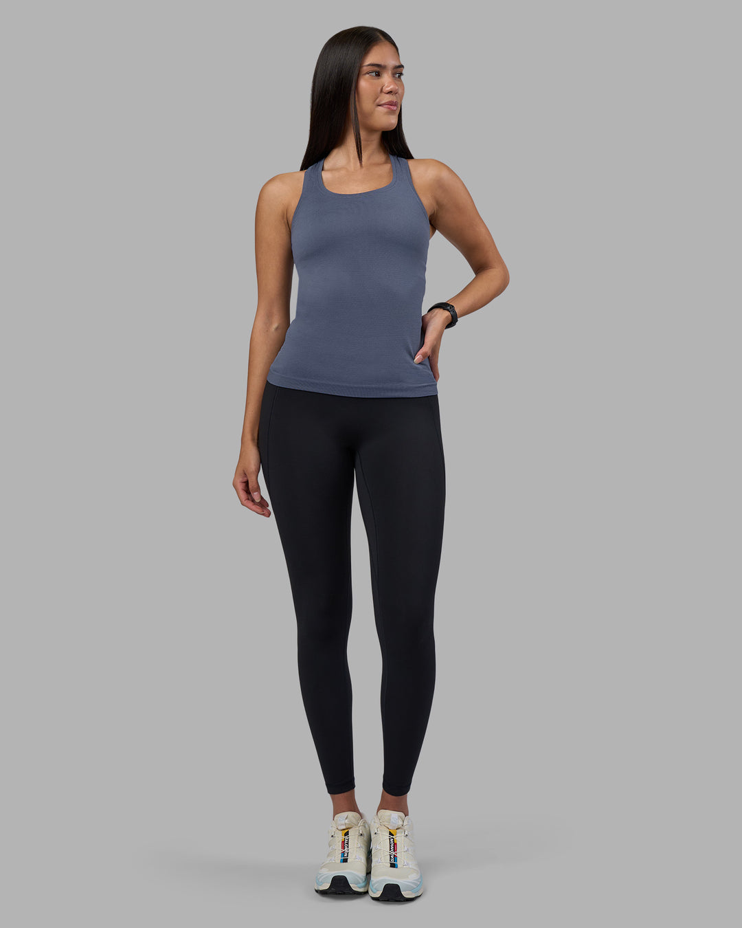 Woman wearing AeroFLX+ Seamless Tank - Night Shadow/Night Shadow | Model:Rhiley | Size:S - view 5