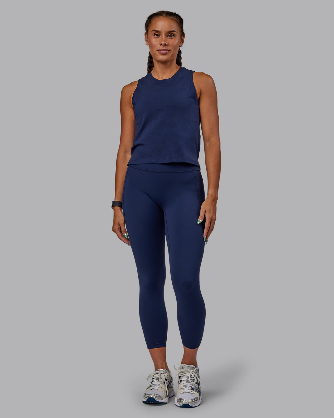 Woman wearing Deluxe PimaFLX Tank - Future Navy - view 6