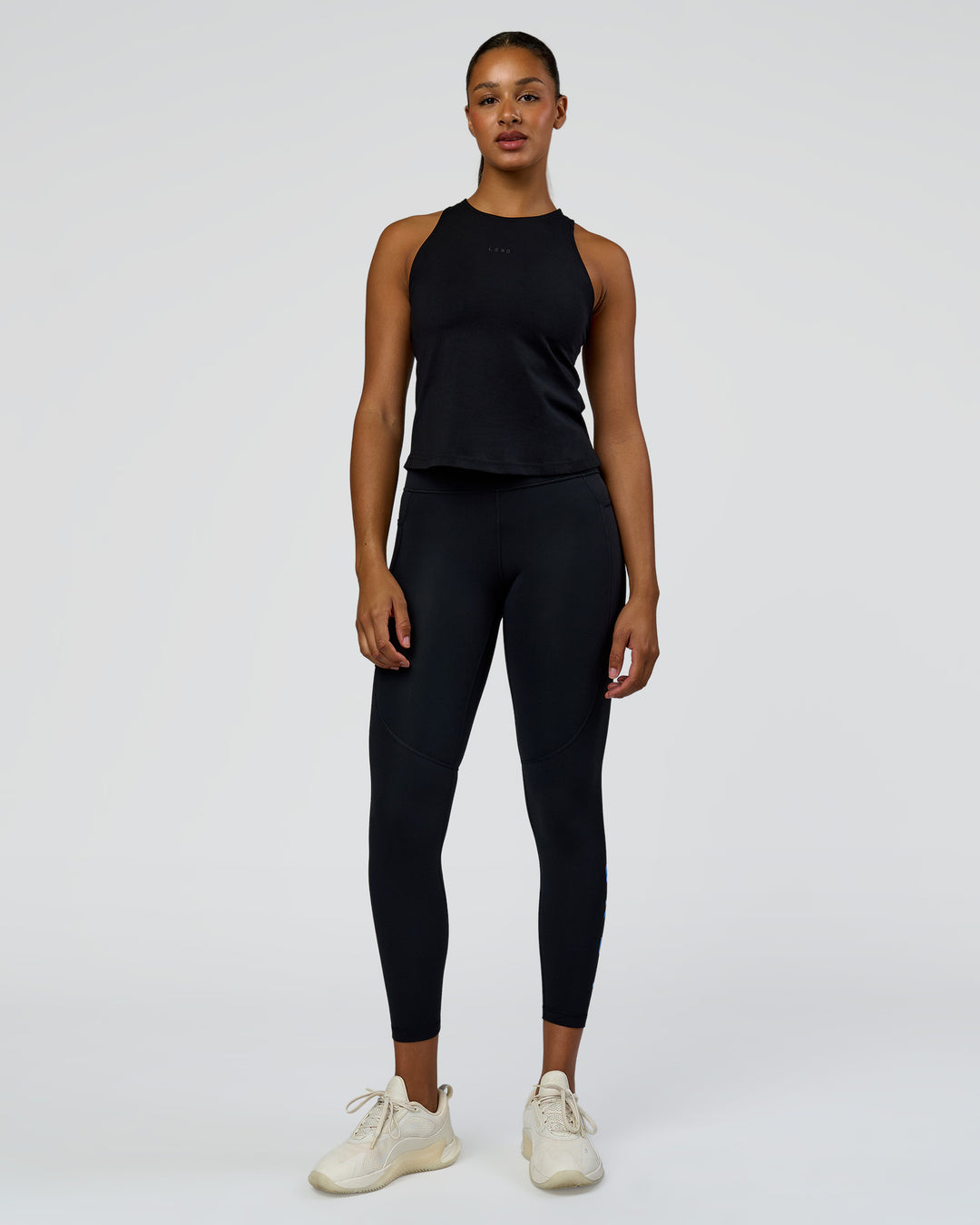 Woman wearing Wrap It Up FLXCotton Tank - Black | Model:Rosie | Size:S - view 3