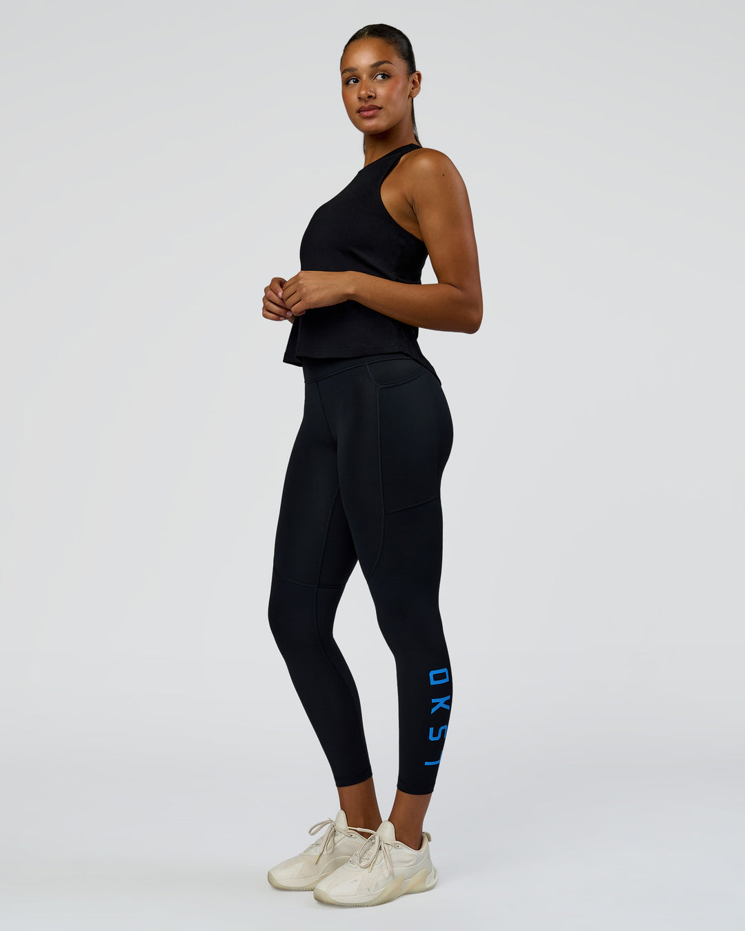 Woman wearing Wrap It Up FLXCotton Tank - Black | Model:Rosie | Size:S - view 6