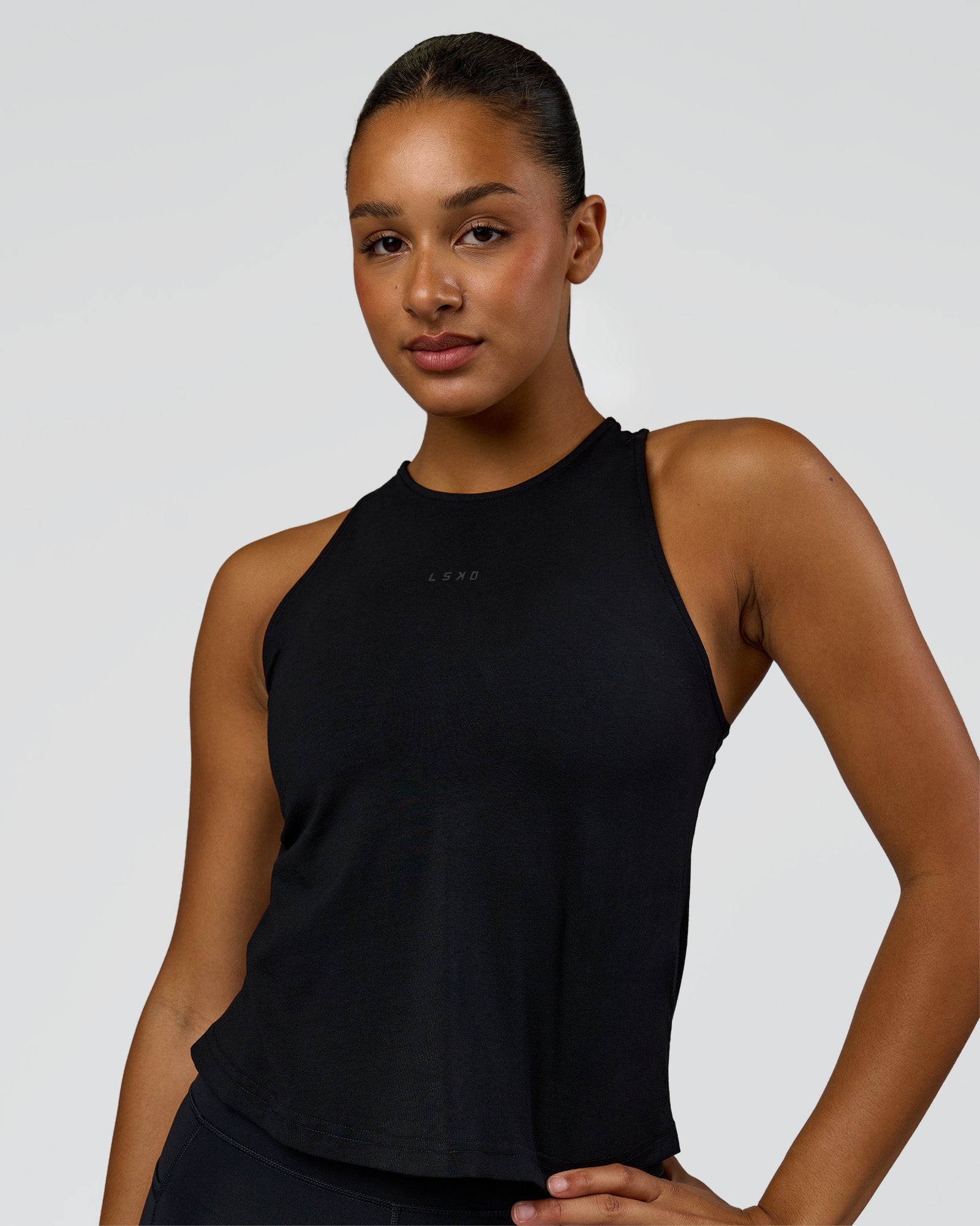 Woman wearing Wrap It Up FLXCotton Tank - Black | Model:Rosie | Size:S
