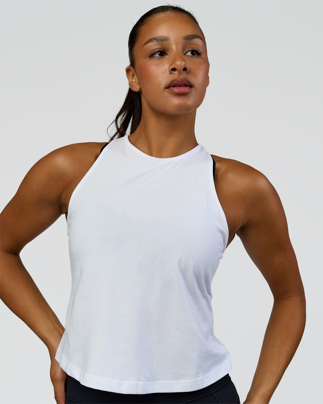 Woman wearing Wrap It Up FLXCotton Tank - White | Model:Rosie | Size:S - view 2