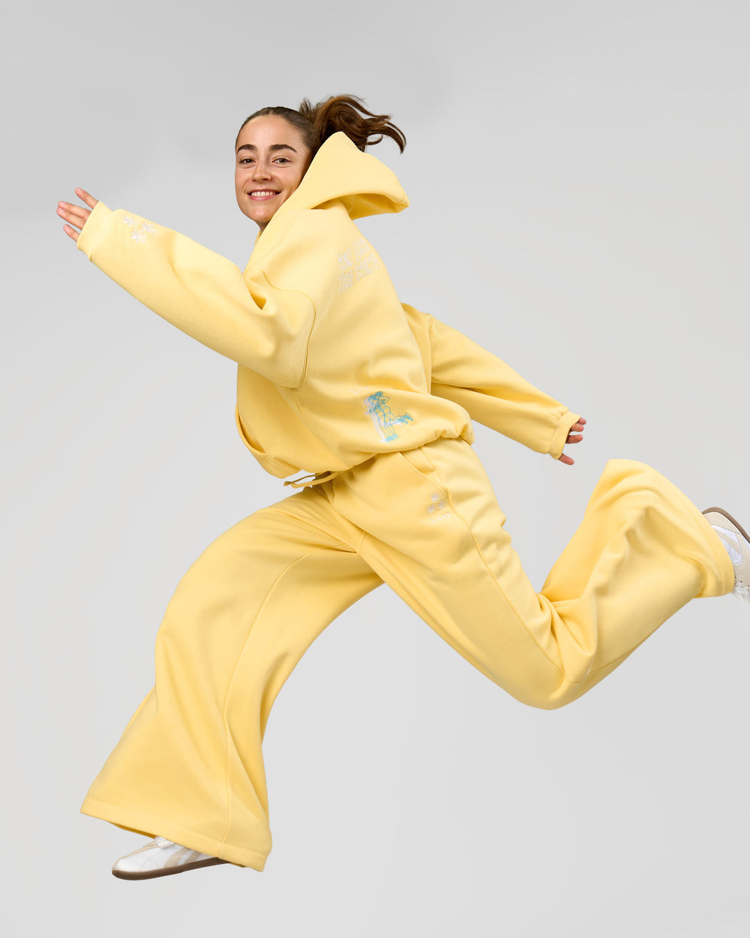 Woman wearing Zola Wide Leg Lounge Pant - Lemon | Model:Grace | Size:S - view 1