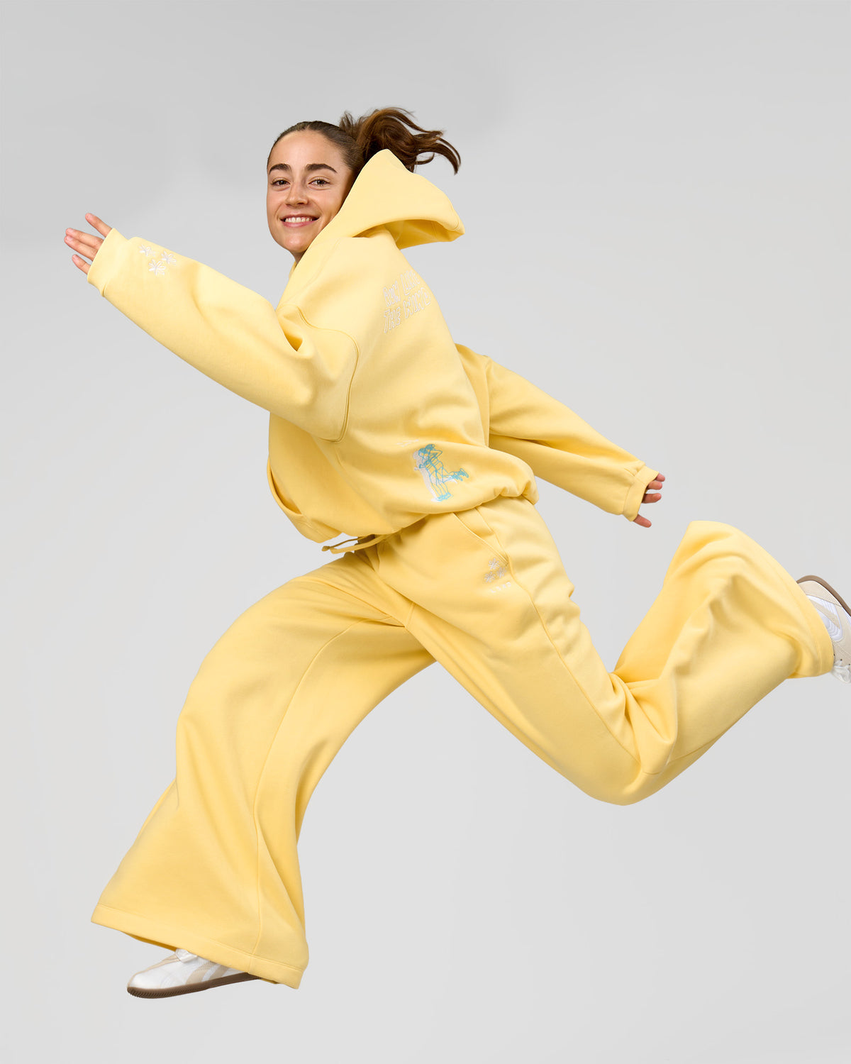 Woman wearing Zola Wide Leg Lounge Pant - Lemon | Model:Grace | Size:S
