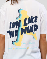 Woman wearing Run Like The Wind FLXCotton Oversized Tee - White-Future Navy | Model:Grace | Size:S | Thumbnail Index: 11