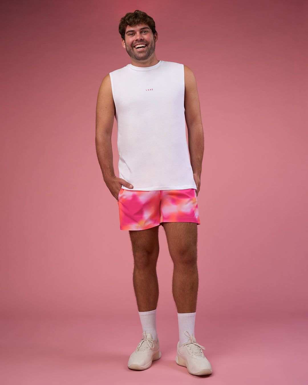 Man wearing BCAM FLXCotton Muscle Tank - White-Ultra Pink | Model:Fletcher | Size:XL - view 6