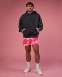 Man wearing BCAM Washed Unisex Oversized Hoodie - Black Washed-Pink | Model:Fletcher | Size:XL | Thumbnail Index: 8