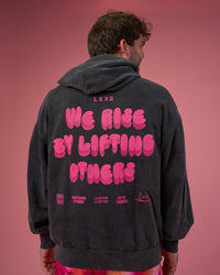 Man wearing BCAM Washed Unisex Oversized Hoodie - Black Washed-Pink | Model:Fletcher | Size:XL | Thumbnail Index: 6