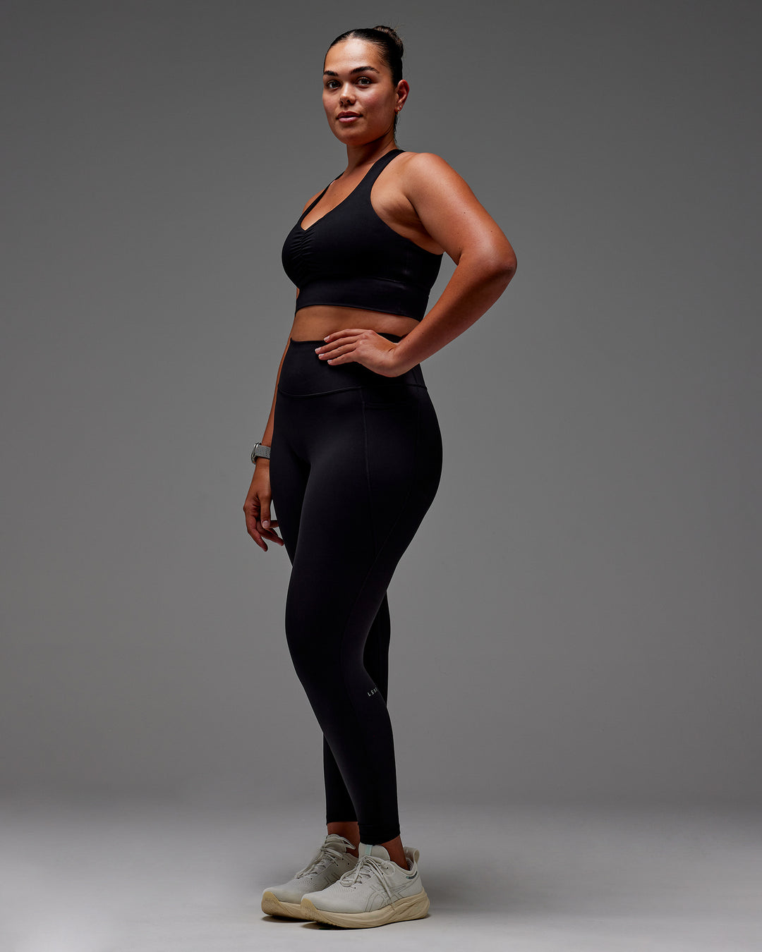 Woman wearing Fusion Ultra High-Rise Full Length Legging Pockets - Black | Model:Aimee | Size:XL - view 14