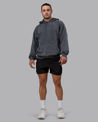 Man wearing Unisex Washed Set the Standard Hoodie Oversize - Black-Greyish Purple | Thumbnail Index: 9