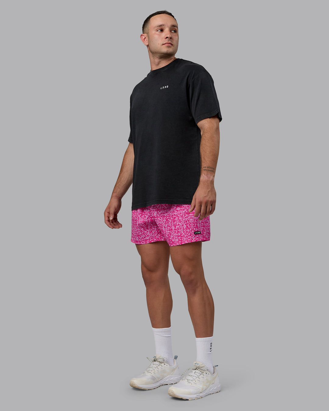 Man wearing Unisex Washed Empower Tee Oversize - Black-Berry Pink - view 5