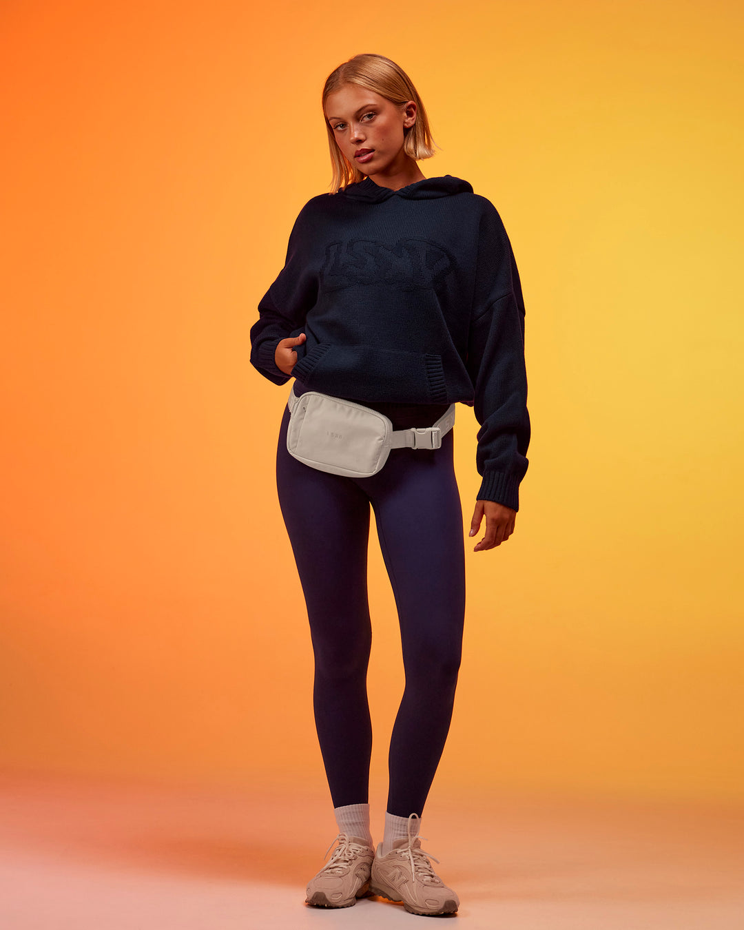 Woman wearing All Day Active Knitted Hoodie - Future Navy | Model:Hailey | Size:XS - view 3