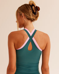 Woman wearing Bend & FLX Plunge Tank - Transformative Teal | Model:Georgia | Size:XS | Thumbnail Index: 3