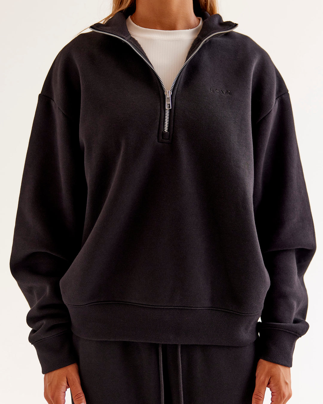 Woman wearing Go-To Oversized Quarter Zip Sweater - Black | Model:Jaimee | Size:XS - view 6