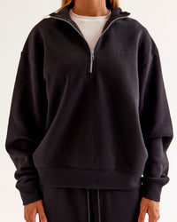 Woman wearing Go-To Oversized Quarter Zip Sweater - Black | Model:Jaimee | Size:XS | Thumbnail Index: 5