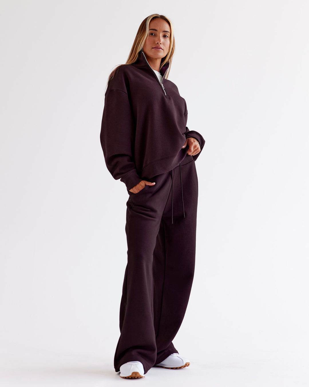 Woman wearing Go-To Oversized Quarter Zip Sweater - Midnight Plum | Model:Jaimee | Size:XS - view 2