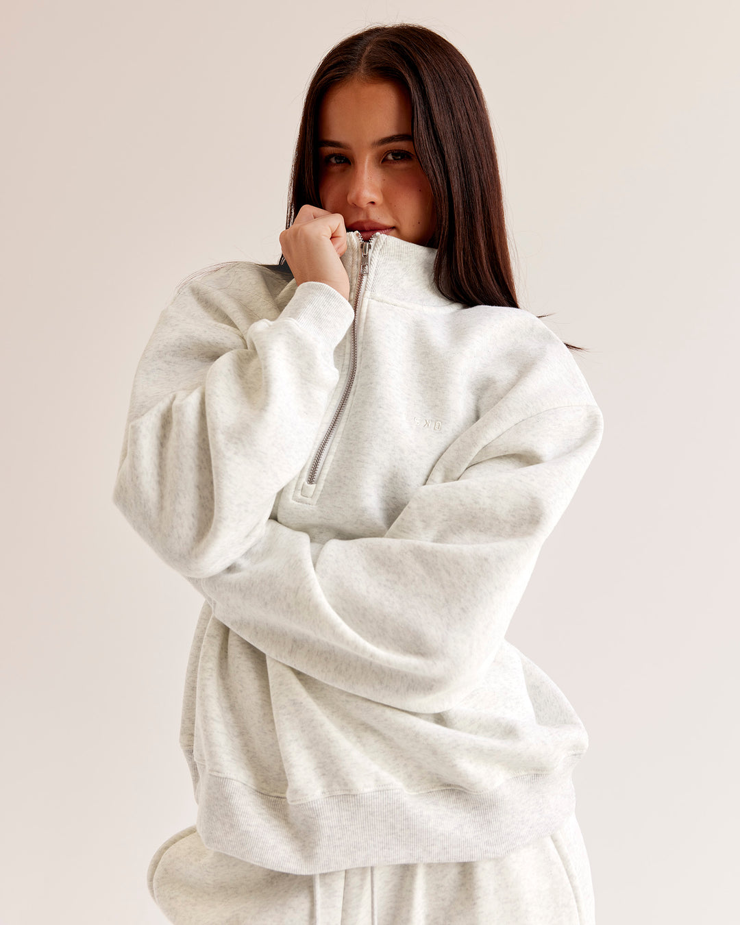 Woman wearing Go-To Oversized Quarter Zip Sweater - Silver Marl | Model:Eliza | Size:XS - view 1