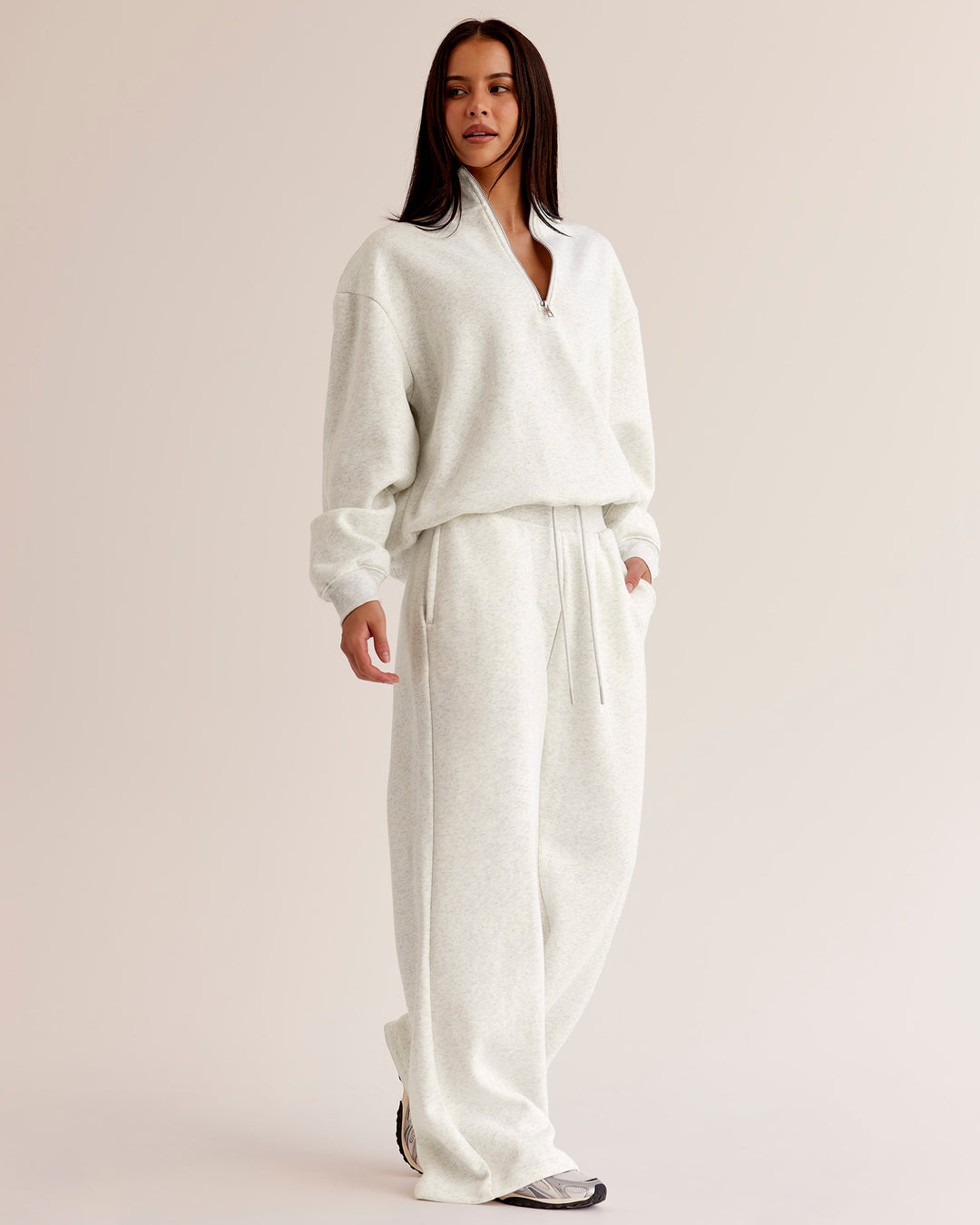 Woman wearing Go-To Oversized Quarter Zip Sweater - Silver Marl | Model:Eliza | Size:XS - view 2