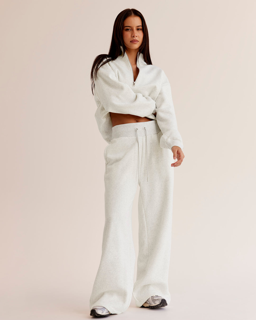 Woman wearing Go-To Oversized Quarter Zip Sweater - Silver Marl | Model:Eliza | Size:XS - view 5