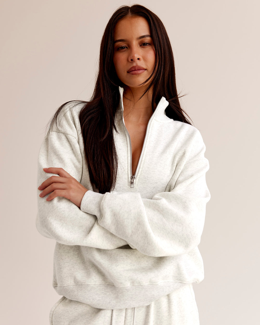 Woman wearing Go-To Oversized Quarter Zip Sweater - Silver Marl | Model:Eliza | Size:XS - view 3