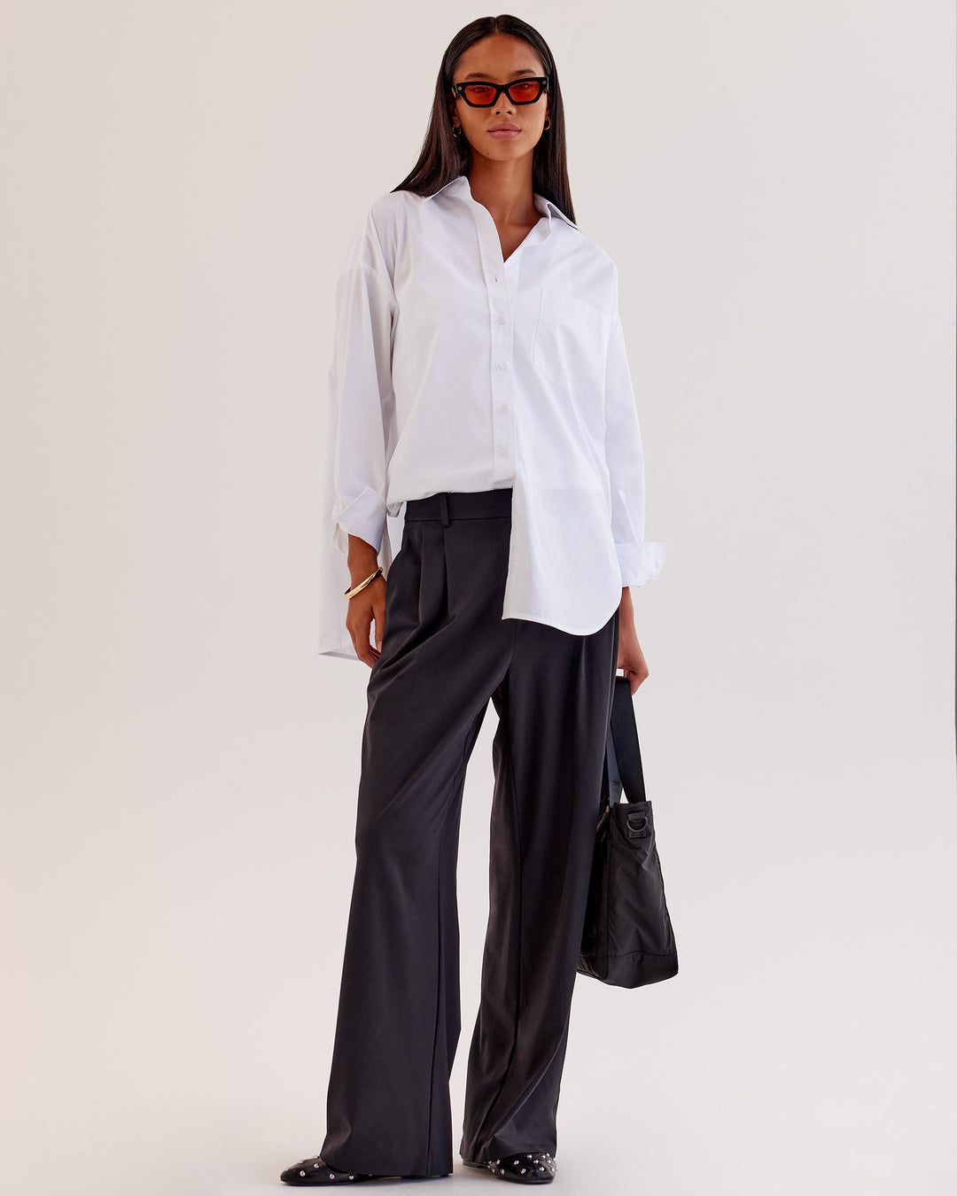 Woman wearing Go-To Oversized Shirt - White | Model:Tali | Size:XS - view 4