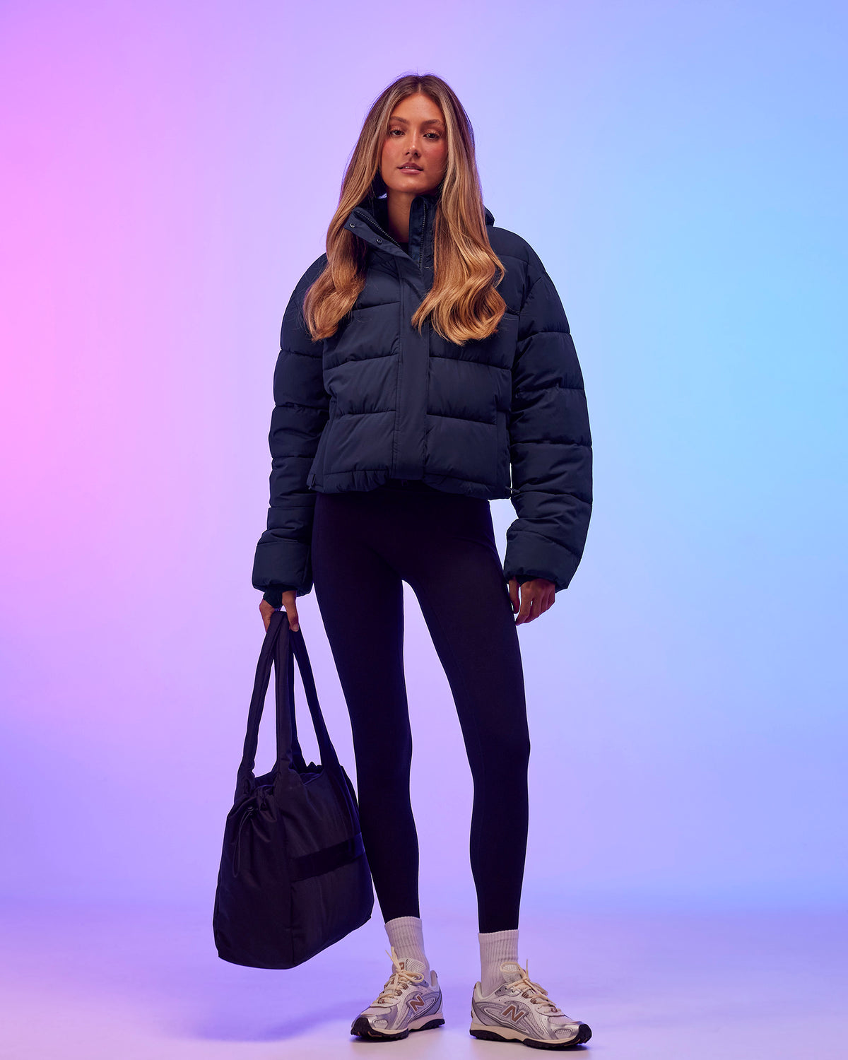 Woman wearing Go-To Puffer Jacket - Future Navy | Model:Georgia | Size:XS