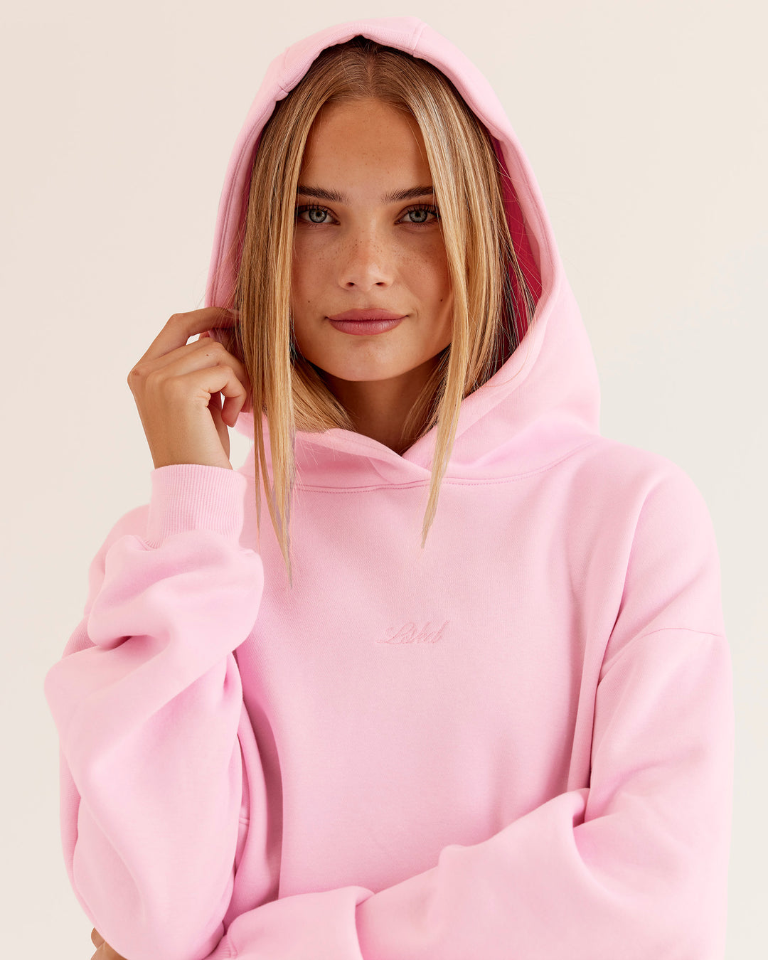 Woman wearing Go-To Script Oversized Hoodie - Marshmallow | Model:Taneisha | Size:XS - view 5