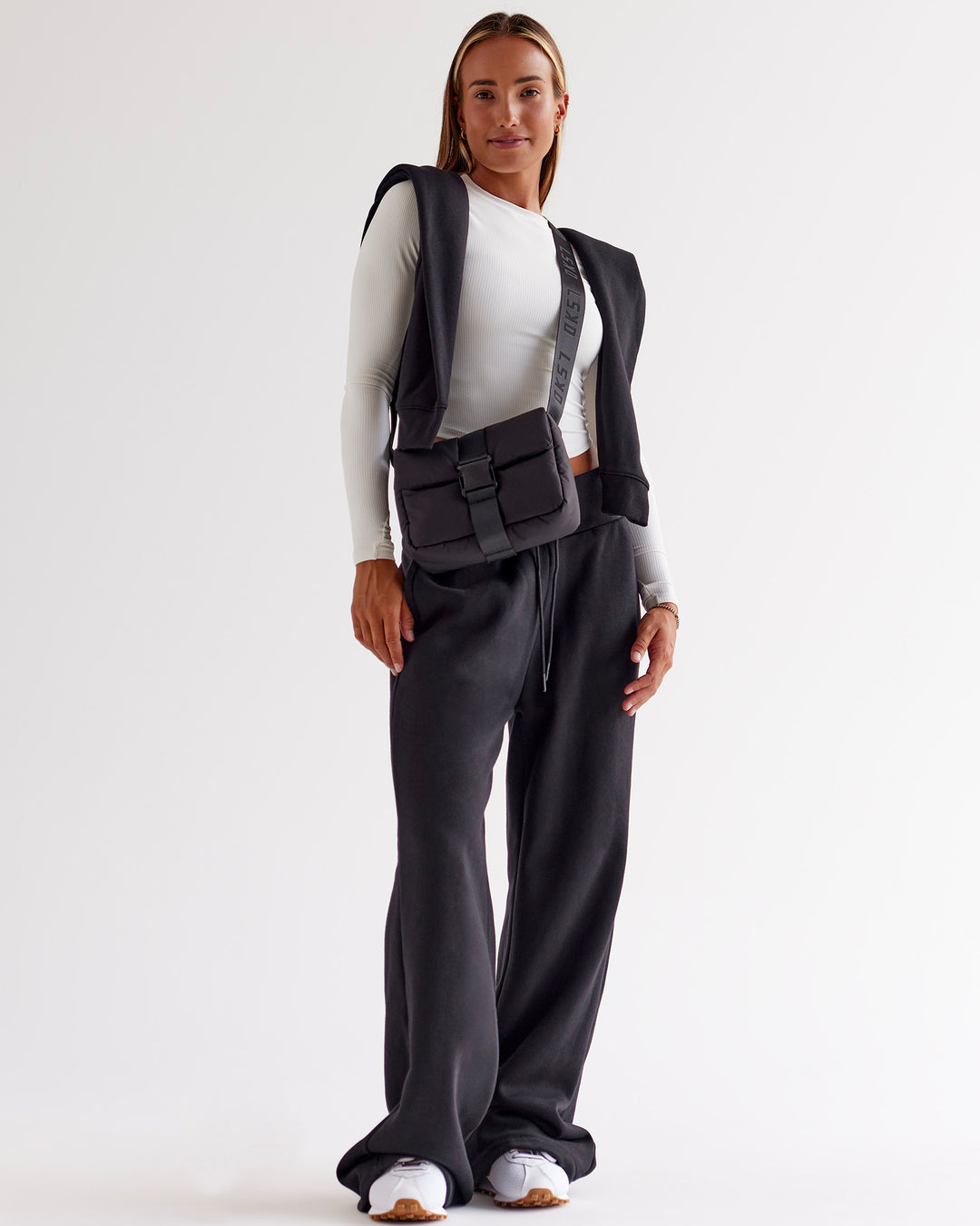 Woman wearing Go-To Wide Leg Track Pant - Black | Model:Jaimee | Size:XS - view 7