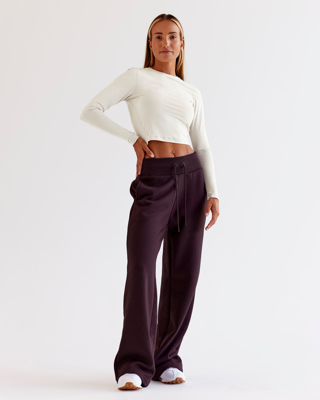Woman wearing Go-To Wide Leg Track Pant - Midnight Plum | Model:Jaimee | Size:XS - view 8
