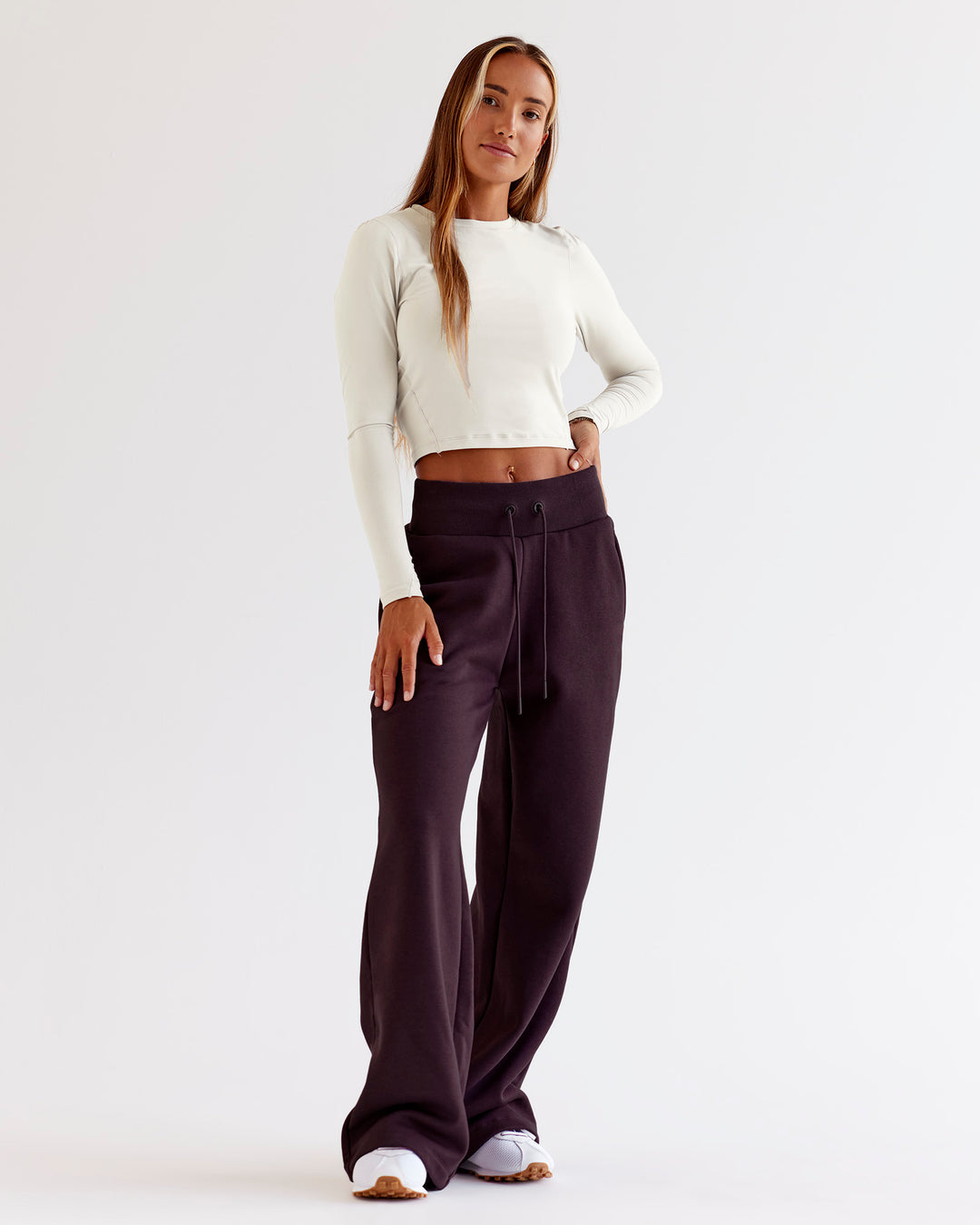 Woman wearing Go-To Wide Leg Track Pant - Midnight Plum | Model:Jaimee | Size:XS - view 3
