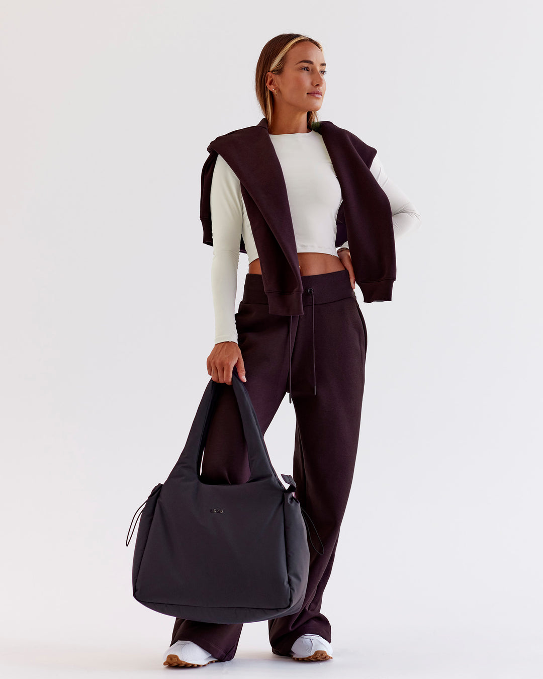 Woman wearing Go-To Wide Leg Track Pant - Midnight Plum | Model:Jaimee | Size:XS - view 6