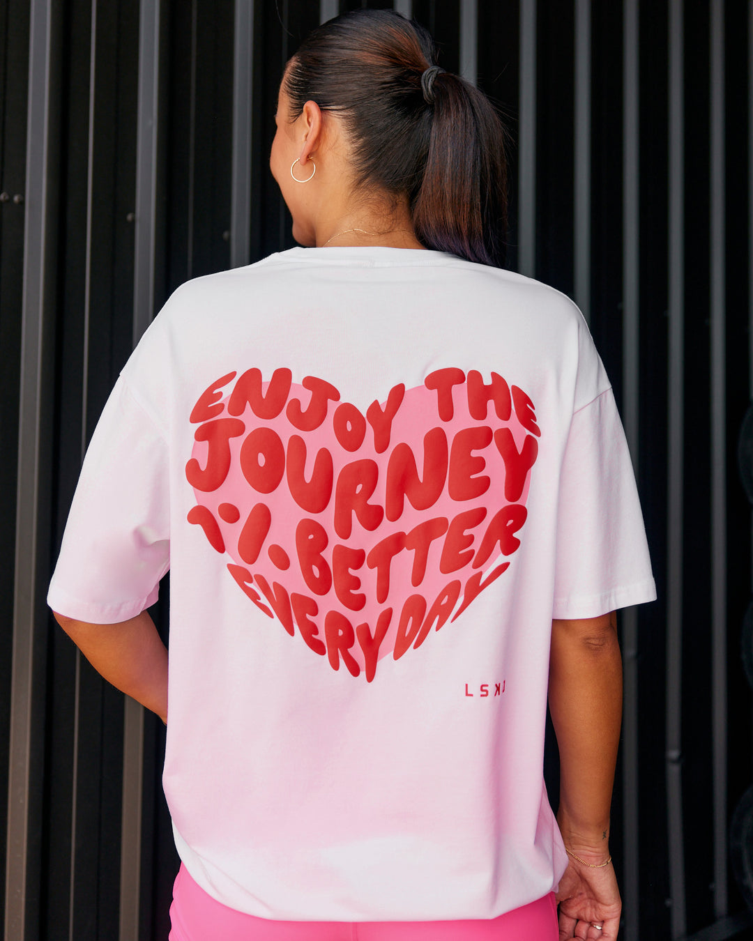 Woman wearing Love the Journey FLXCotton Oversized Tee - White-Candy Pink | Model:Shae | Size:XS - view 4
