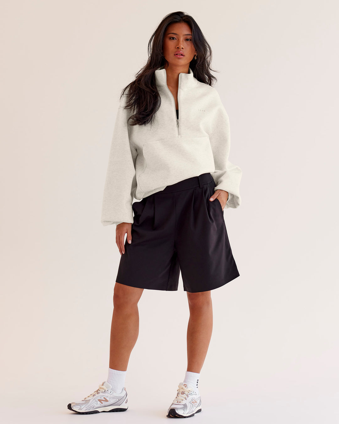 Woman wearing Luxe ZeroCrease Spacer Half Zip - Silver Marl | Model:Loren | Size:XS - view 4