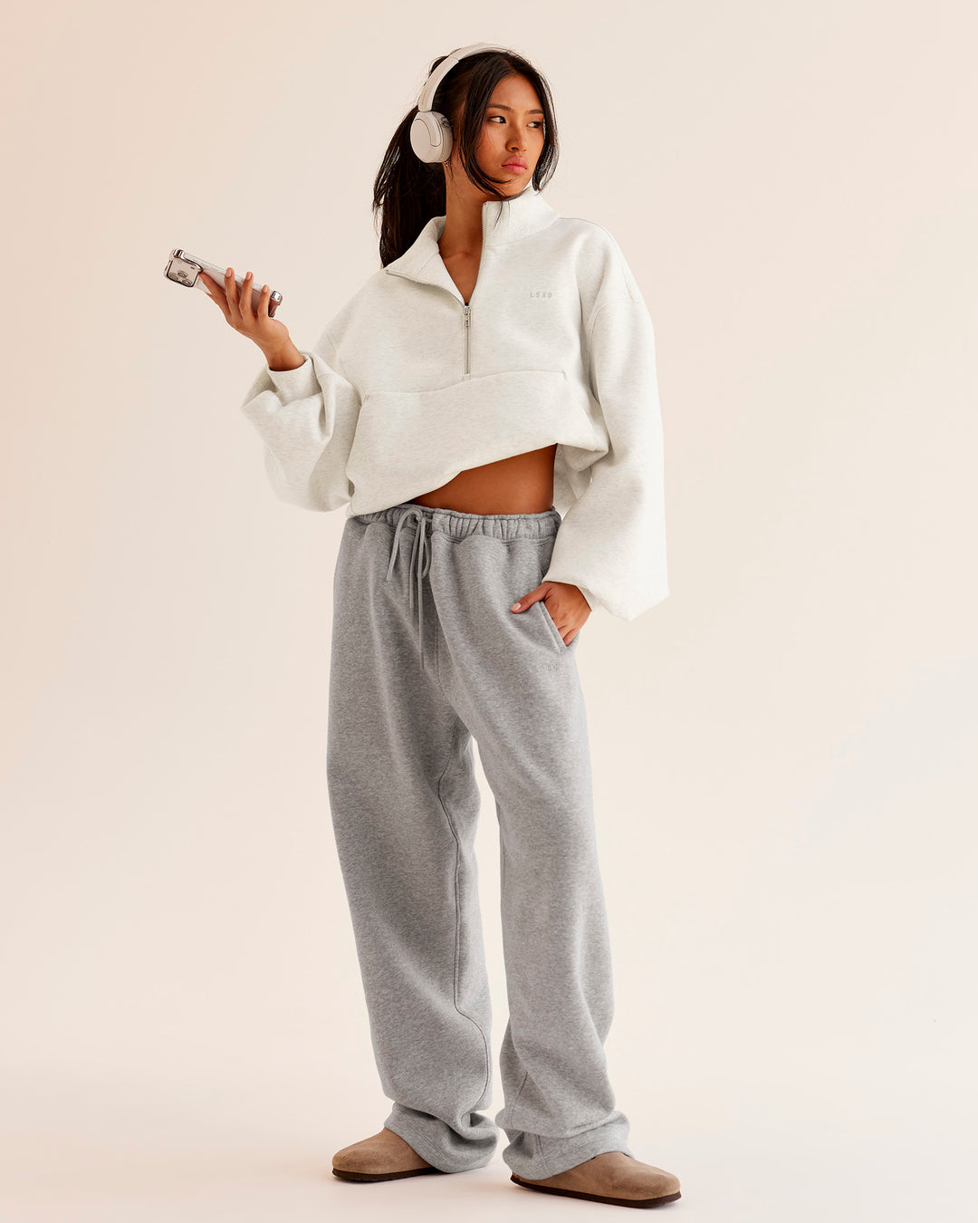 Woman wearing Luxe ZeroCrease Spacer Half Zip - Silver Marl | Model:Loren | Size:XS - view 5