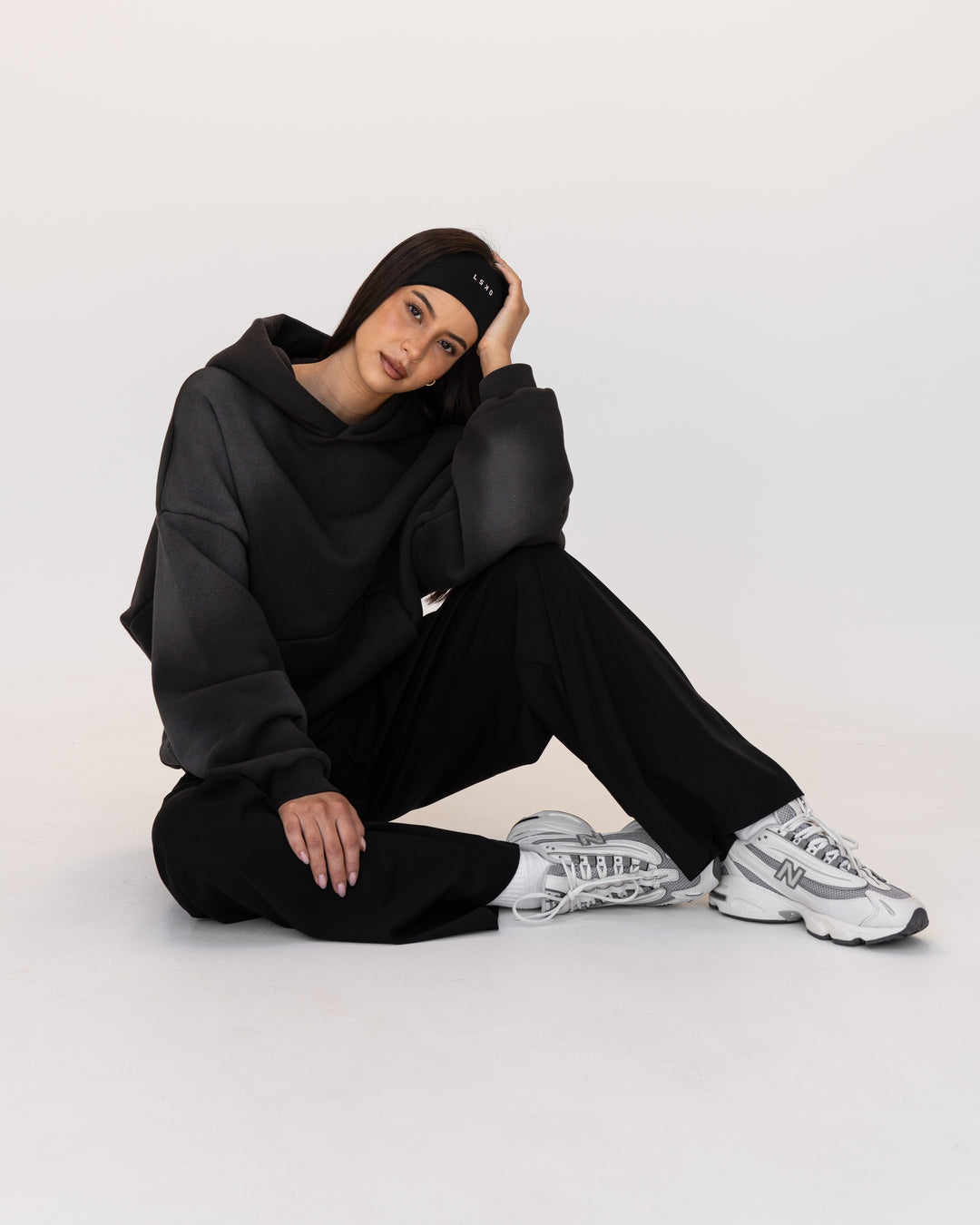 Woman wearing Memory In Motion 500gsm Ultra Heavyweight Washed Hoodie - Charcoal Washed | Model:Eliza | Size:XS - view 13
