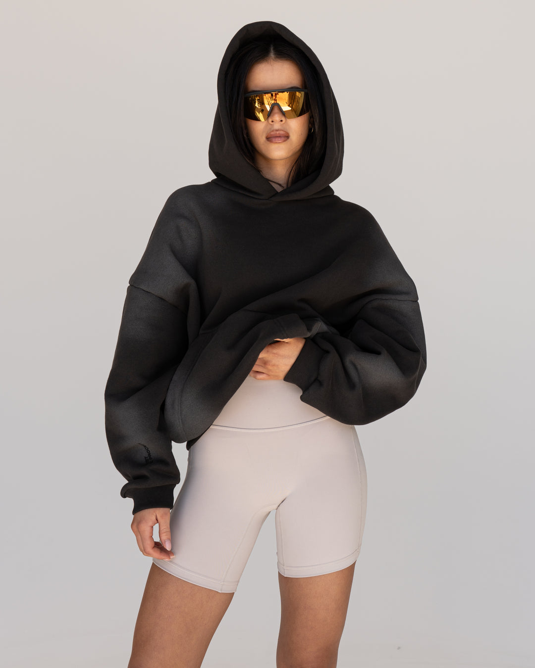 Woman wearing Memory In Motion 500gsm Ultra Heavyweight Washed Hoodie - Charcoal Washed | Model:Eliza | Size:XS - view 3