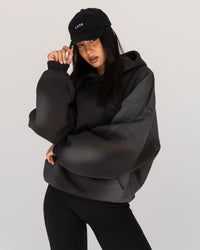 Woman wearing Memory In Motion 500gsm Ultra Heavyweight Washed Hoodie - Charcoal Washed | Model:Eliza | Size:XS | Thumbnail Index: 9
