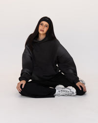 Woman wearing Memory In Motion 500gsm Ultra Heavyweight Washed Hoodie - Charcoal Washed | Model:Eliza | Size:XS | Thumbnail Index: 6