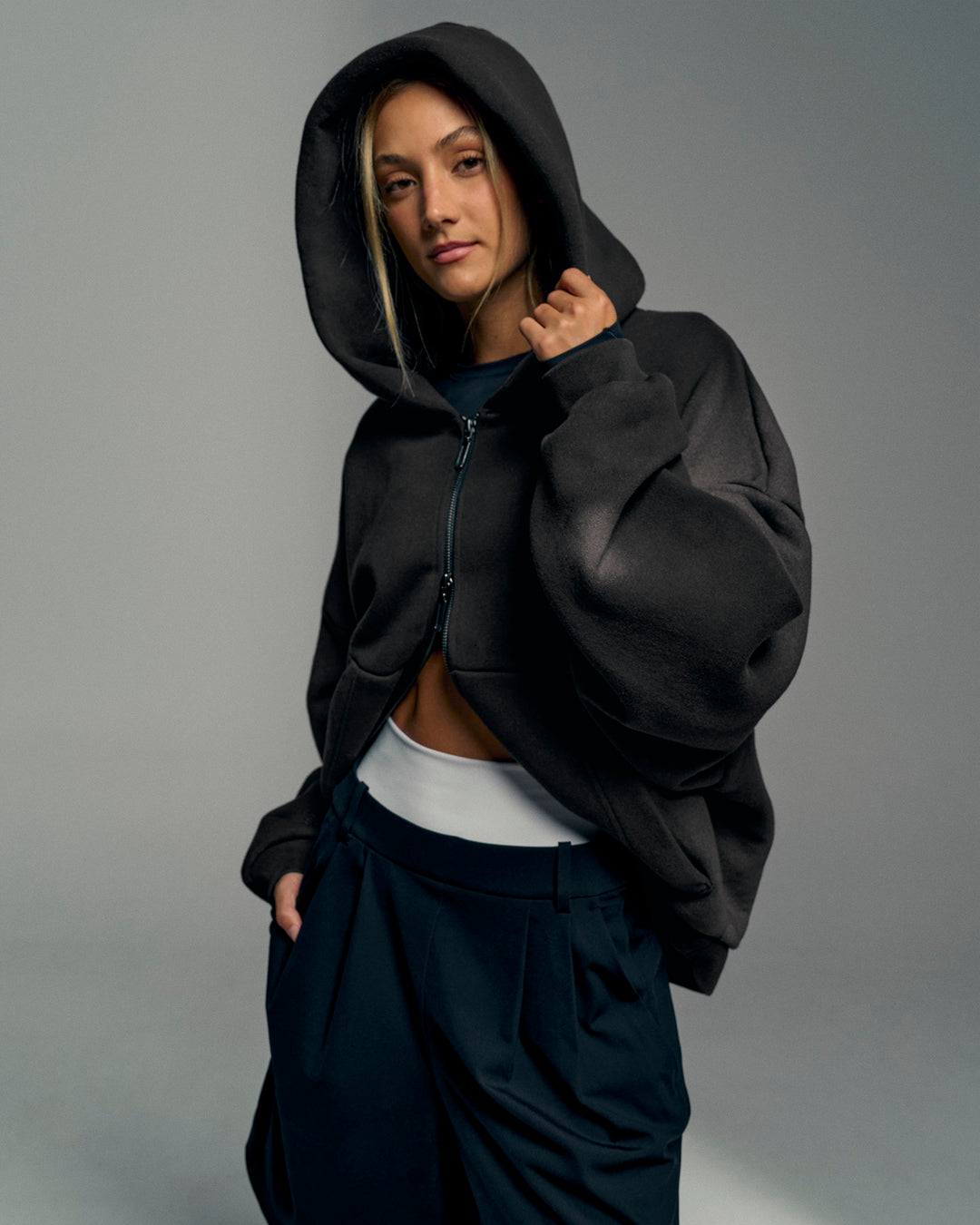 Woman wearing Memory in Motion Ultra Heavyweight Zip Thru Hoodie - Black Washed | Model:Georgia | Size:XS - view 4